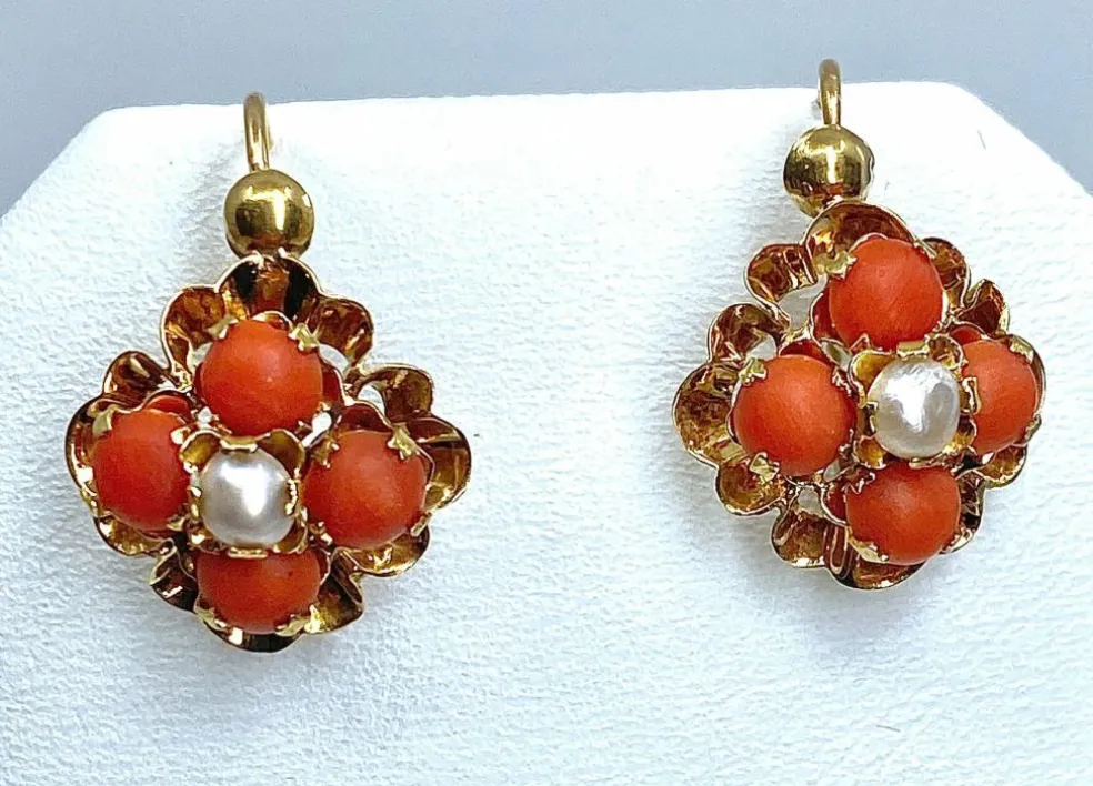 Parure Napoléon III - pendentif et boucles d’oreilles or, jaune, corail et perles fines