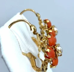 Parure Napoléon III - pendentif et boucles d’oreilles or, jaune, corail et perles fines