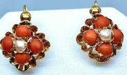 Parure Napoléon III - pendentif et boucles d’oreilles or, jaune, corail et perles fines