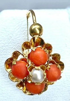 Parure Napoléon III - pendentif et boucles d’oreilles or, jaune, corail et perles fines