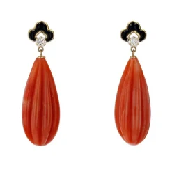 Pendants d'oreilles corail onyx et diamants