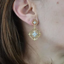 Pendants d'oreilles diamants ors jaune et blanc arabesques