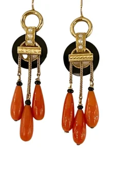 Pendants d'Oreilles Or Onyx Corail