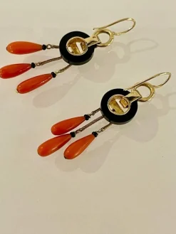 Pendants d'Oreilles Or Onyx Corail