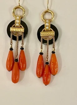 Pendants d'Oreilles Or Onyx Corail