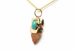Pendentif années 70 or jaune, turquoise, silex