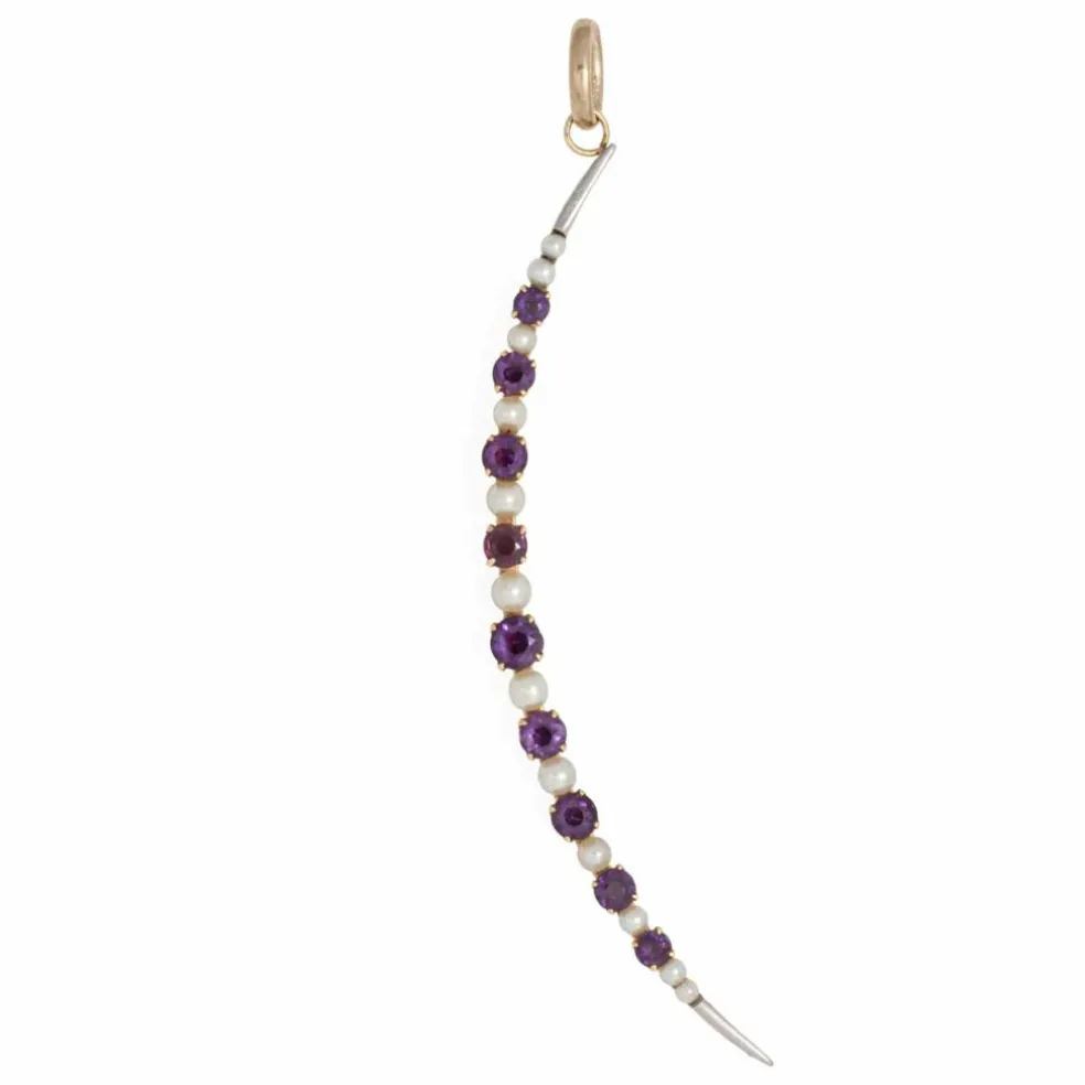 Pendentif antique victorien en forme de croissant de lune en améthyste et perle en or 14 carats céleste