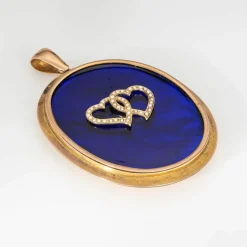 Pendentif antique victorien en forme de double cœur en or rose 10 carats, perles de rocaille