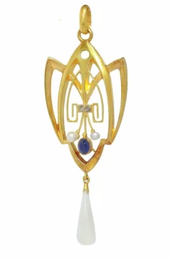 Pendentif Art Nouveau avec diamants, saphir et perle rare