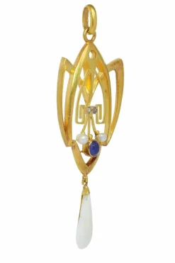 Pendentif Art Nouveau avec diamants, saphir et perle rare