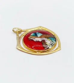 Pendentif art nouveau Limoges or jaune plaque émaillée à la jeune fille
