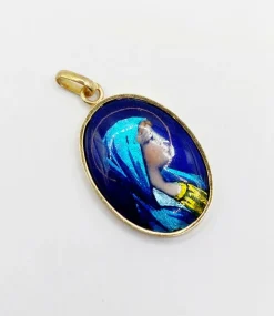 Pendentif art nouveau Limoges or jaune 18k plaque émaillée a la vierge Marie