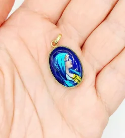 Pendentif art nouveau Limoges or jaune 18k plaque émaillée a la vierge Marie