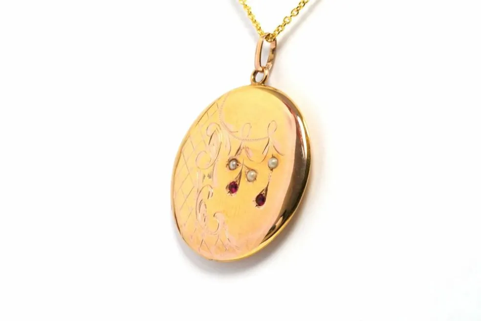 Pendentif Art Nouveau or jaune, perles et rubis