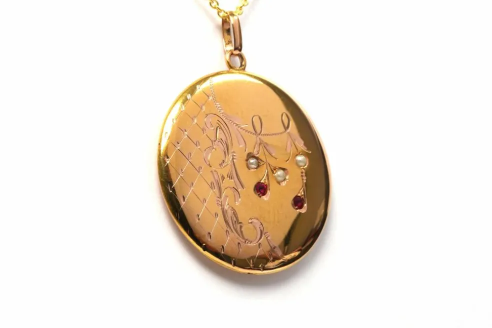 Pendentif Art Nouveau or jaune, perles et rubis