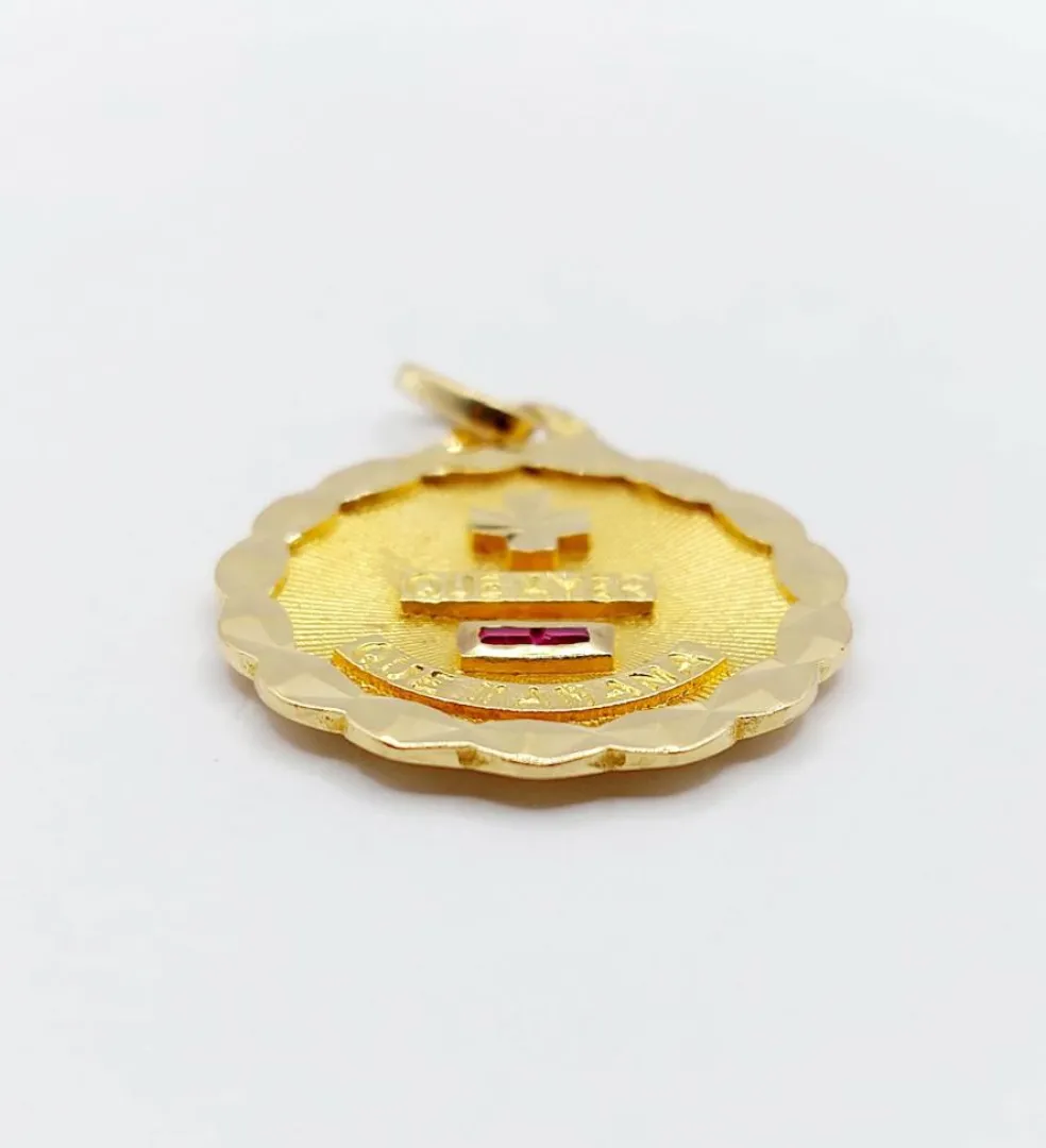 Pendentif AUGIS médaille d'amour 22mm or 18k et rubis : "+ Que Ayer - Que Manana" (circa 1970)