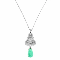Pendentif Belle Epoque, or blanc, diamants et émeraude