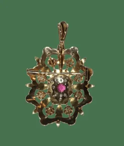 Pendentif Broche Napoléon III trois ors diamants grenat