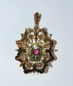 Pendentif Broche Napoléon III trois ors diamants grenat