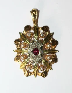 Pendentif Broche Napoléon III trois ors diamants grenat