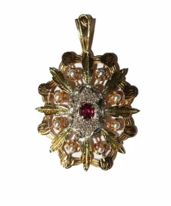 Pendentif Broche Napoléon III trois ors diamants grenat