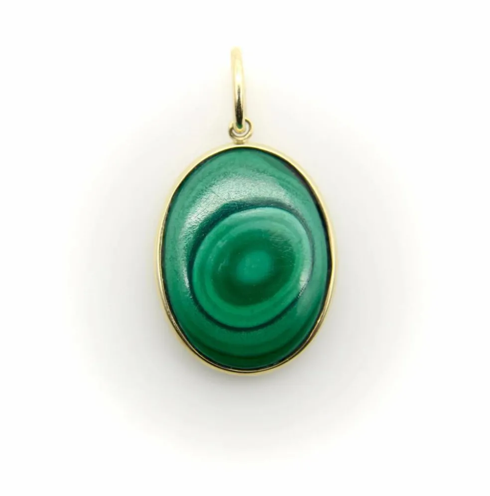 Pendentif cercles concentriques en malachite signature dorée