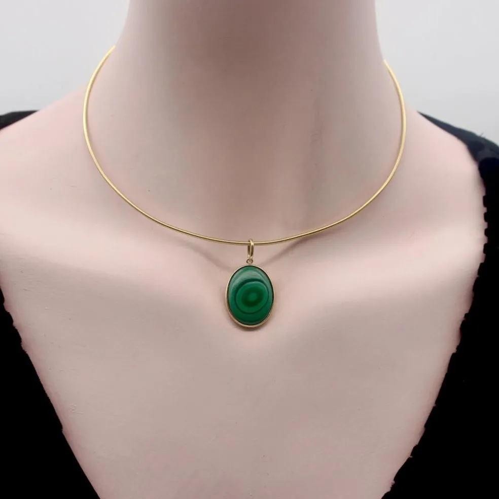 Pendentif cercles concentriques en malachite signature dorée
