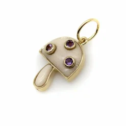 Pendentif Champignon Magique en or jaune, quartz crème et améthyste