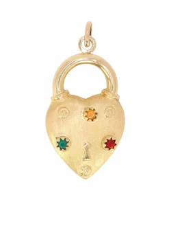 Pendentif Charms vintage cadenas coeur or jaune pierres de couleur