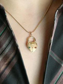 Pendentif Charms vintage cadenas coeur or jaune pierres de couleur