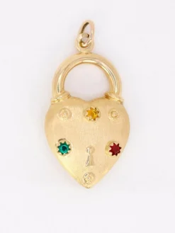 Pendentif Charms vintage cadenas coeur or jaune pierres de couleur