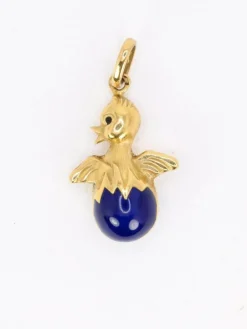 Pendentif charms vintage oiseau or jaune email bleu