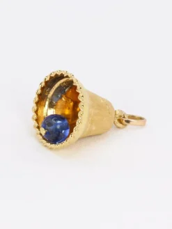 Pendentif charms vintage cloche or jaune pierre bleue