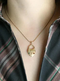 Pendentif Charms vintage cadenas coeur or jaune pierres de couleur