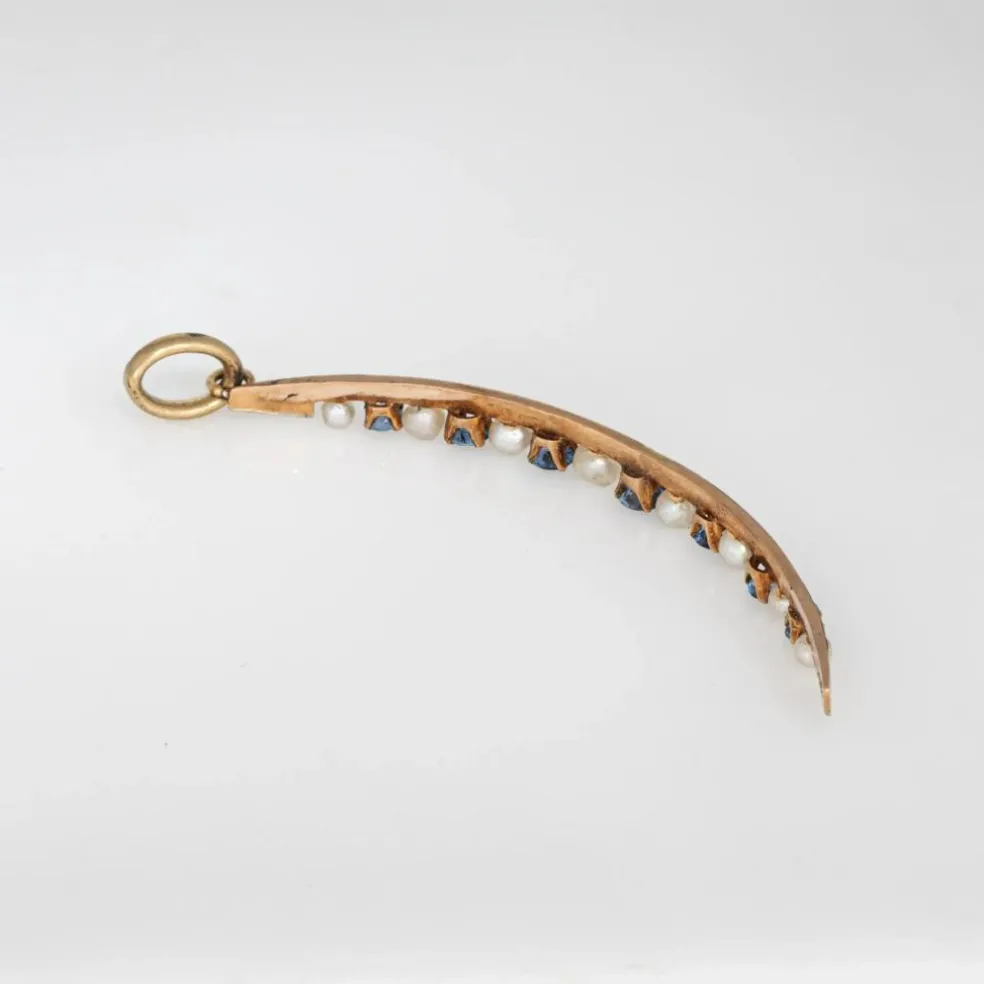 Pendentif croissant de lune victorien antique avec perle de saphir
