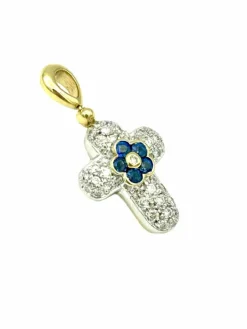 Pendentif Croix 2 Ors 18K Saphir et Diamants