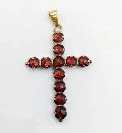 Pendentif croix antique or et argent, grenats de Perpignan sur paillons (circa 1900)