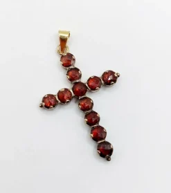 Pendentif croix antique or et argent, grenats de Perpignan sur paillons (circa 1900)