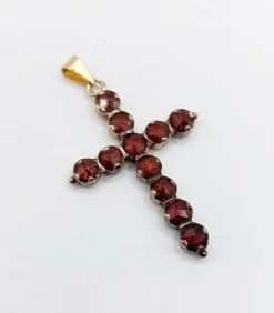 Pendentif croix antique or et argent, grenats de Perpignan sur paillons (circa 1900)