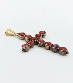 Pendentif croix antique or et argent, grenats de Perpignan sur paillons (circa 1900)