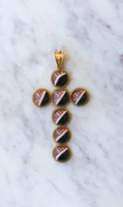 Pendentif Croix Cabochon d'Agate sur Or jaune
