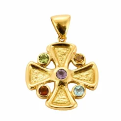 Pendentif croix en or jaune, améthyste, péridots, citrine et topaze