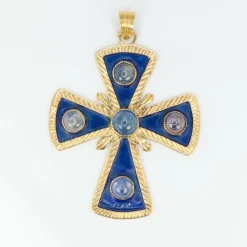 Pendentif croix en or, émail et saphirs