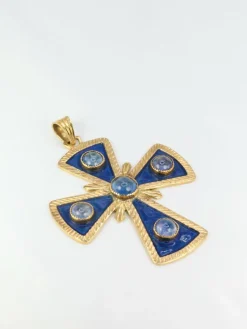Pendentif croix en or, émail et saphirs