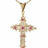 Pendentif croix filigrané en or jaune et rubis