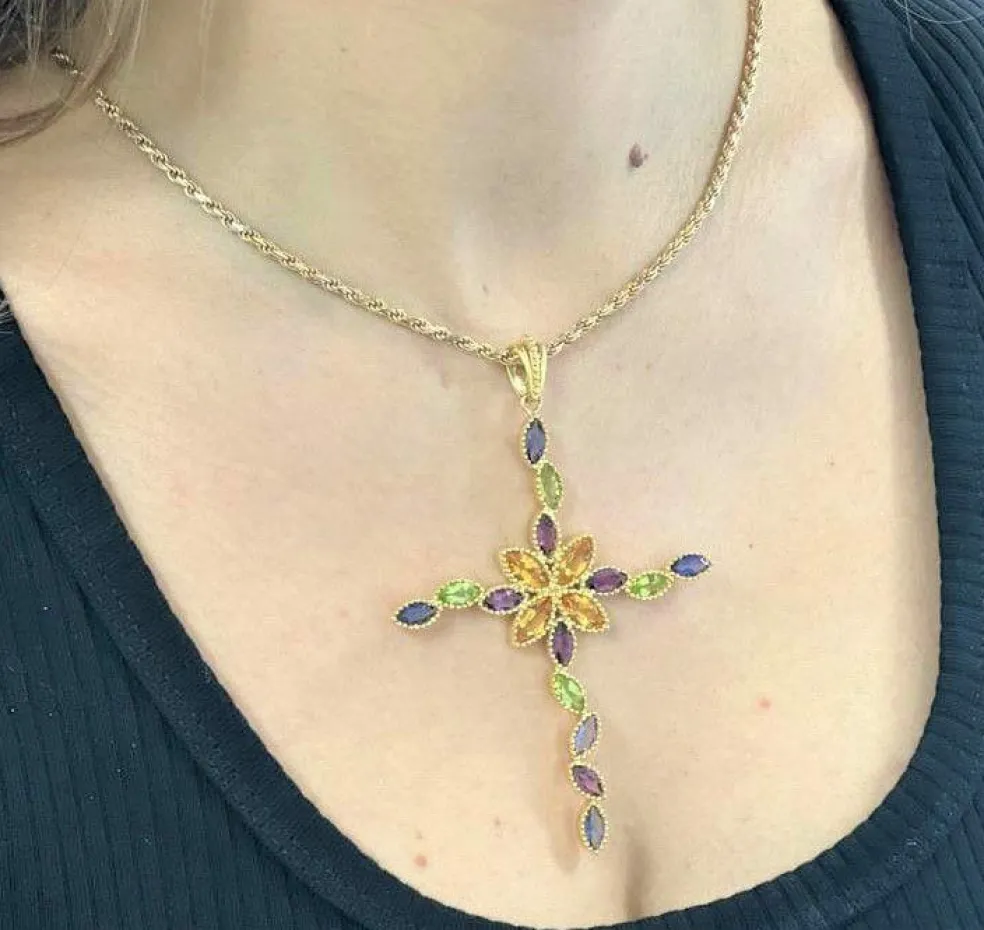 Pendentif Croix Or Jaune , Pierres Fines