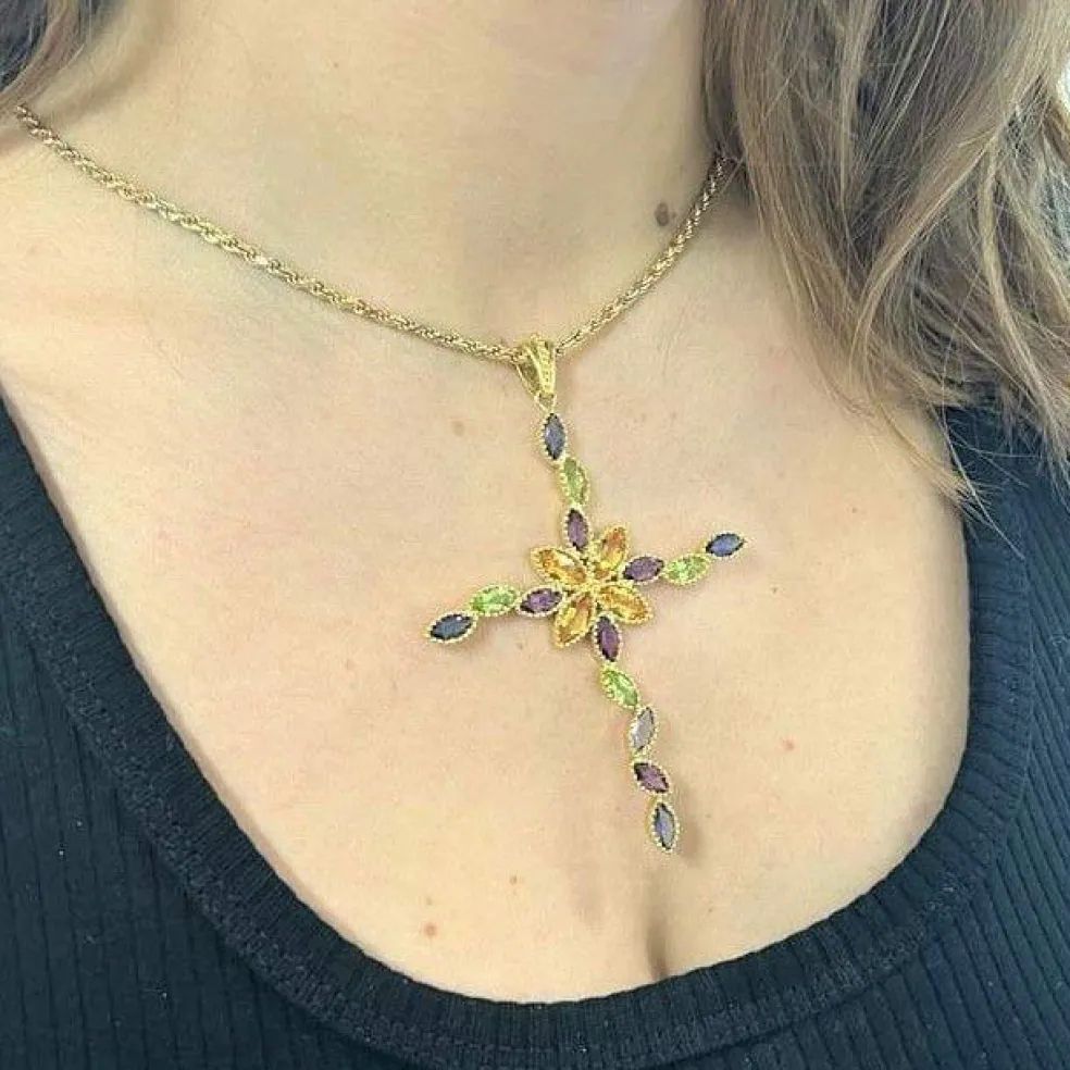 Pendentif Croix Or Jaune , Pierres Fines