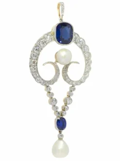 Pendentif diamant, perles naturelles, saphirs
