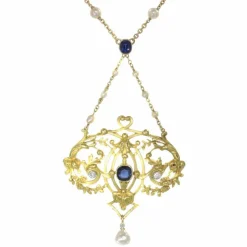 Pendentif, diamants, saphirs, perles