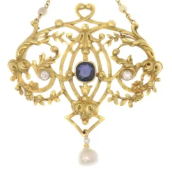 Pendentif, diamants, saphirs, perles